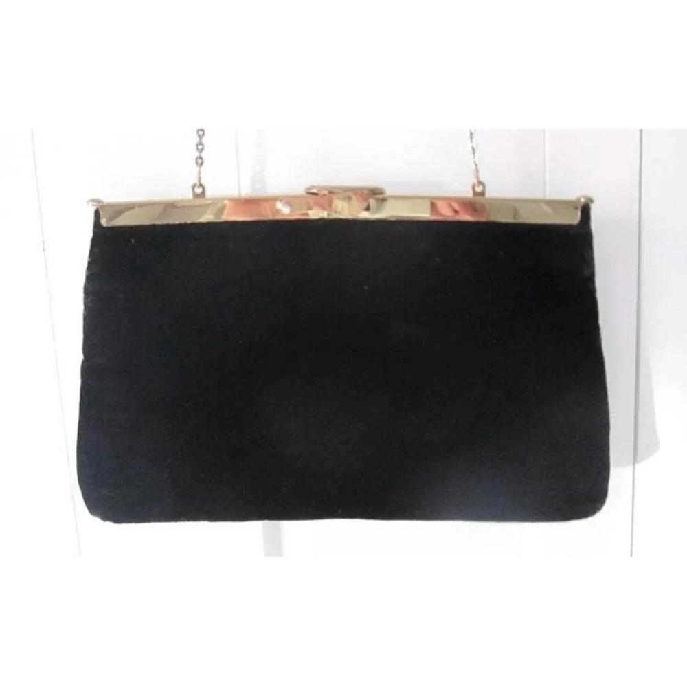Etra Vintage Clutch Shoulder Purse Black Envelope Velvet Velour‎ Soft Gold